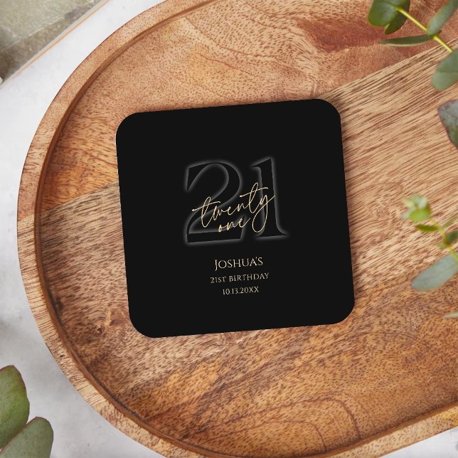Modern Svart och Guld 21-års Födelsedagsfest Underlägg Papper Kvadrat (Modern Black and Gold 21st Birthday Party Square Paper Coaster)