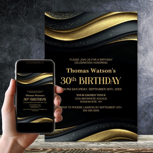 Modern Svart och Guld 30-årsfest Inbjudningar (Skapare uppladdad)