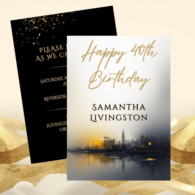 Modern Svart och Guld 40-års Födelsedagsfest Inbjudningar (Modern Happy 40th Birthday Party Black and Gold Invitation)