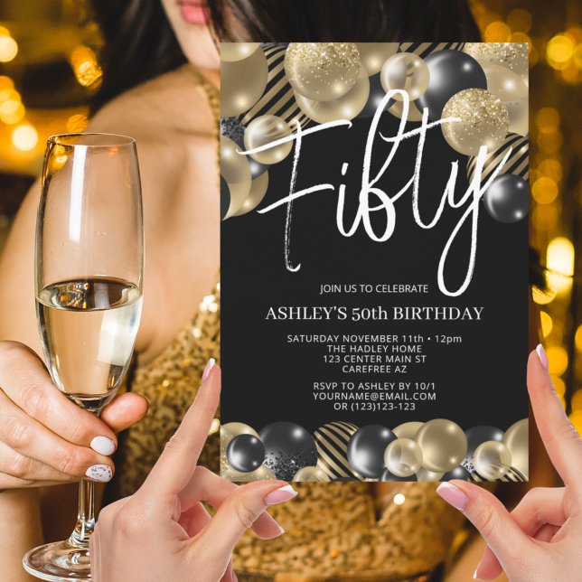 Modern svart och Guld 50:e födelsedagsinbjudan Inbjudningar (Skapare uppladdad)