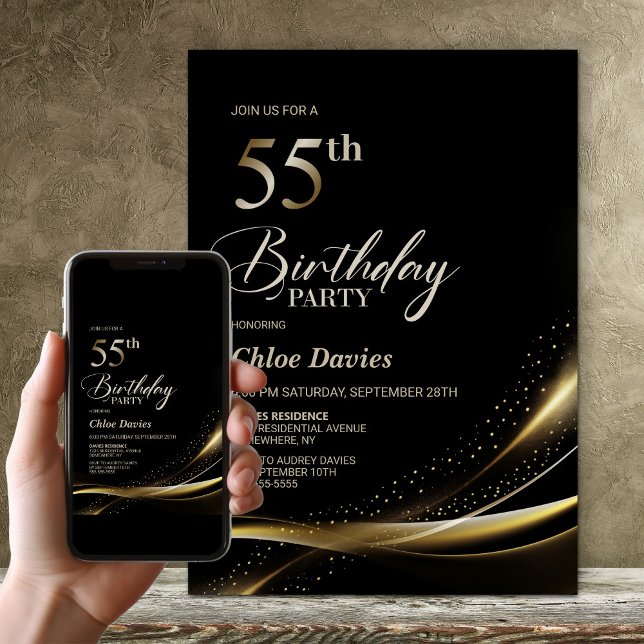 Modern svart och Guld 55:e Födelsedagsfesten Inbjudningar (Skapare uppladdad)