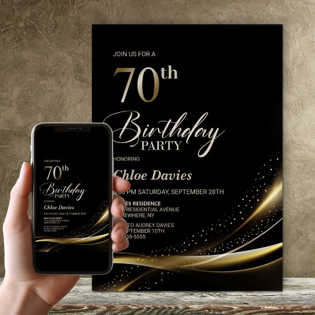 Modern svart och Guld 70:e Födelsedagsfesten Inbjudningar (Skapare uppladdad)