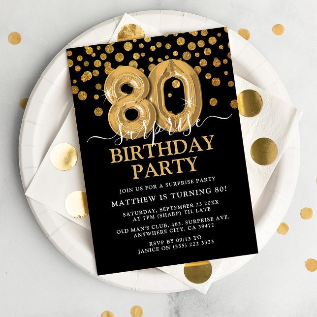 Modern svart och guld 80-års överraskningsfest inbjudningar (Skapare uppladdad)