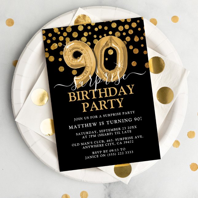 Modern svart och guld 90-års överraskningsfest inbjudningar (Skapare uppladdad)