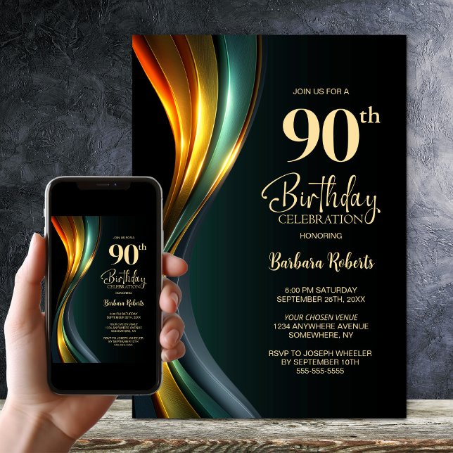Modern Svart och Guld 90-årsfirande Inbjudningar (Skapare uppladdad)