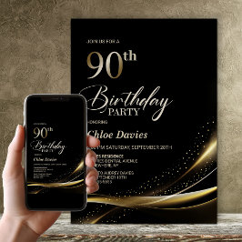 Modern svart och guld 90-årsfirande inbjudningar