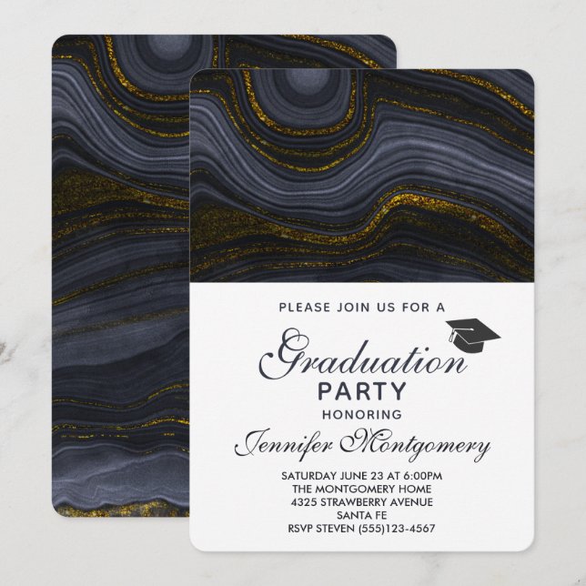 Modern svart och Guld-agat och Studentmössa Inbjudningar (Fram/baksida)