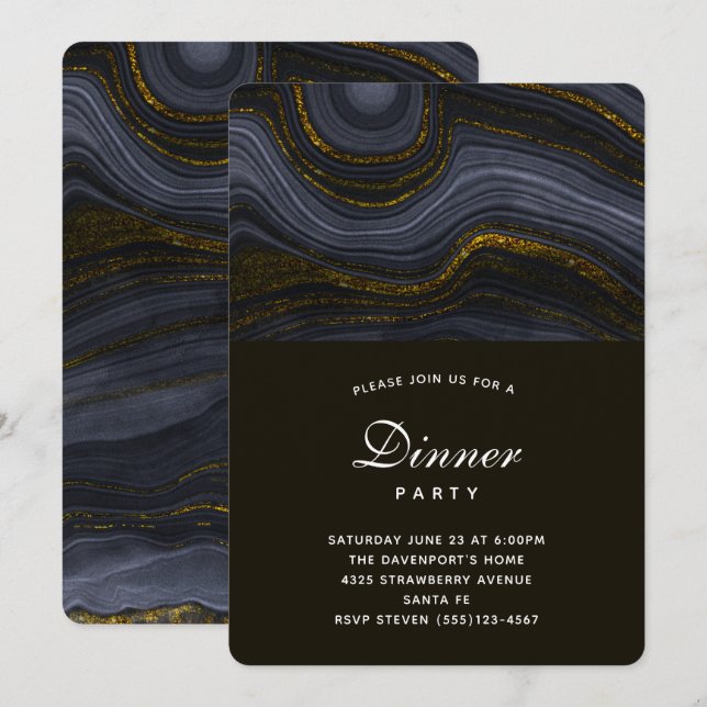 Modern svart och Guld-agate-stenmiddag Party Inbjudningar (Fram/baksida)
