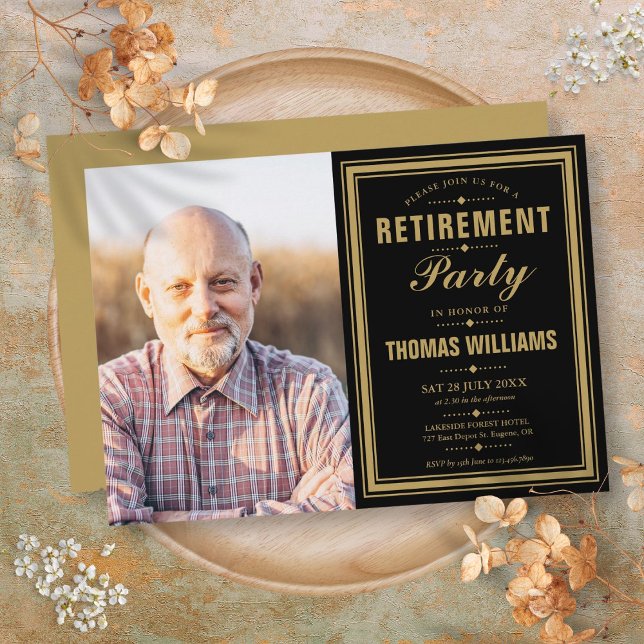 Modern Svart Och Guld Bröllopsfest Foto Inbjudningar (Modern Retirement Party Black And Gold Photo Invitation)