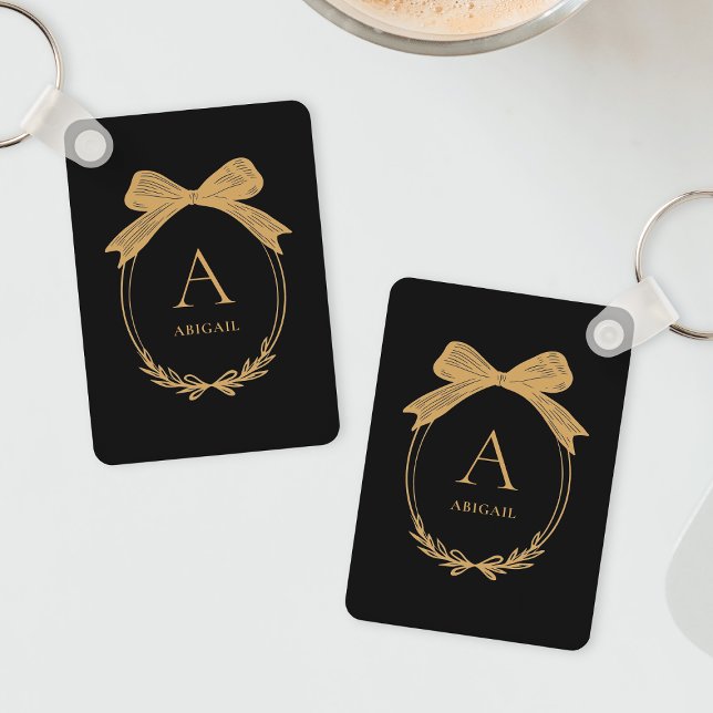 Modern Svart och Guld Chic Bow Monogram Nyckelring (Modern Initial Black and Gold Chic Bow Monogram Keychain)
