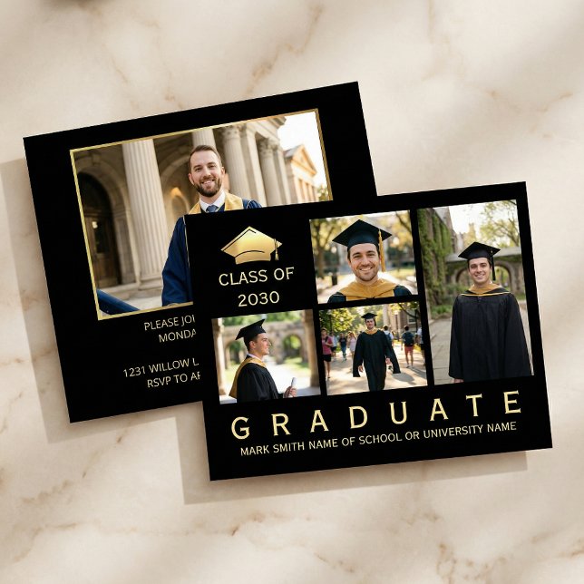 Modern svart och guld examen fotografi inbjudan (#Graduation2026
#ClassOf2026
#GradParty2026
#GraduationInvitation
#GraduationCard#BlackAndGoldDesign)