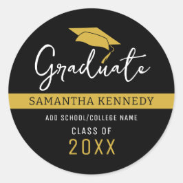 Modern svart och guld examensmössa för årskullen 2 runt klistermärke