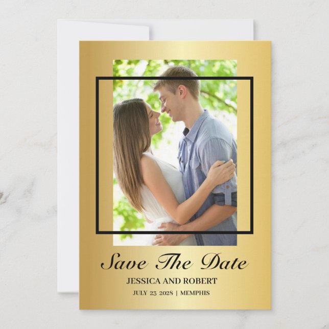 Modern svart och Guld-foto sparar datum Inbjudningar (Framsida)