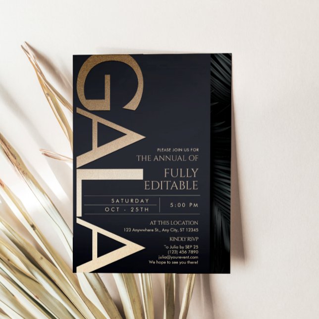 Modern svart och guld galainbjudningskort (Modern Black and Gold Gala Invitation Card Template)