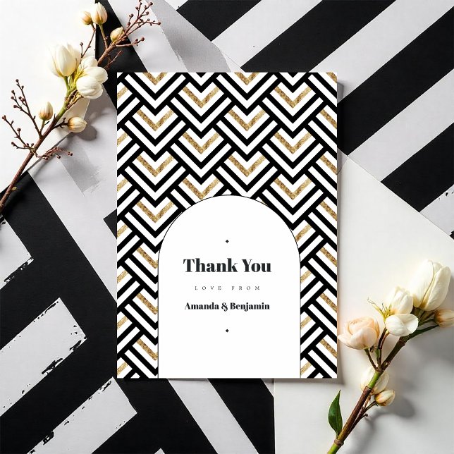 Modern svart och Guld Geometric Bröllop-foto Tack Kort (Modern Black and Gold Geometric Wedding Photo Thank You Card)