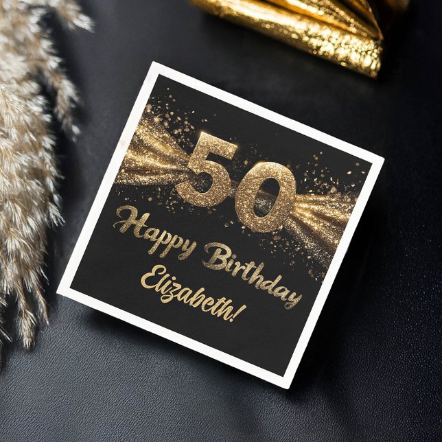Modern svart och Guld i 50:e Födelsedagsfesten Pappersservett (50th birthday napkins "Happy Birthday" in gold and black)