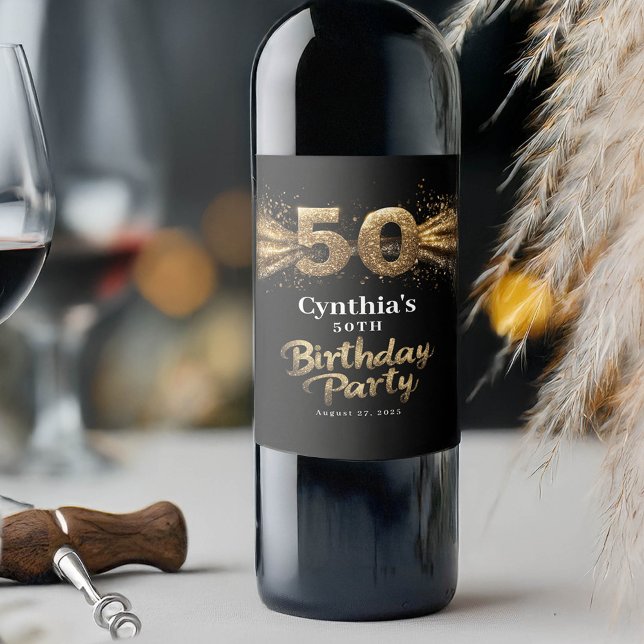 Modern svart och Guld i 50:e Födelsedagsfesten Vinflaska Etikett (50th Birthday Wine Labels)