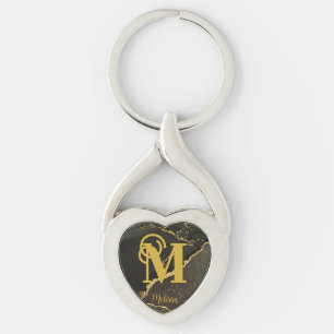 Modern svart och Guld MarLED Monogram Twisted Heart Silverfärgad Nyckelring