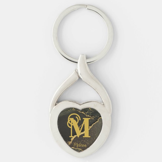 Modern svart och Guld MarLED Monogram Twisted Heart Silverfärgad Nyckelring (Framsidan)