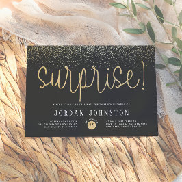 Modern svart och guld script överraskningsfestival inbjudningar