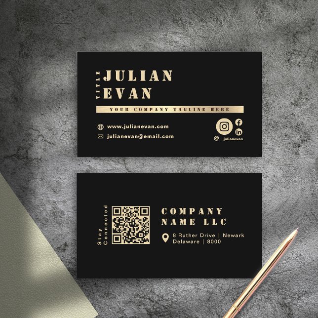 Modern svart och Guld shiny Stencil fet typografi Visitkort (Elegant Navy blue & Gold Shiny Bold Typography Business Card)