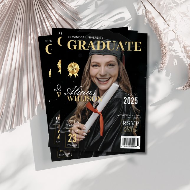 Modern svart och Guld-tidskriftsfoto studenten Inbjudningar (Skapare uppladdad)