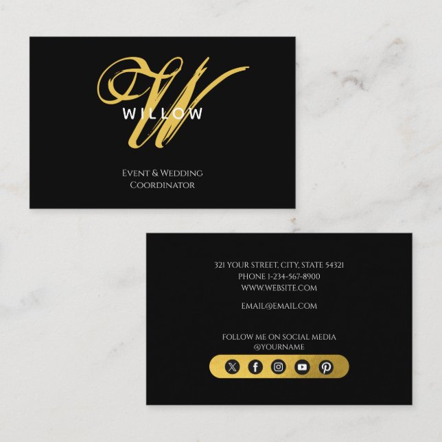Modern svart och guldmonogram  visitkort (Fram/baksida)