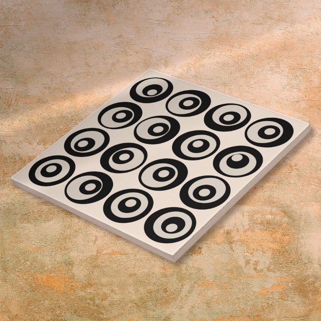 Modern svart och krämfärgad cirkelmönster i mitten kakelplatta (Modern Mid Century Black And Cream Circles Pattern Ceramic Tile)
