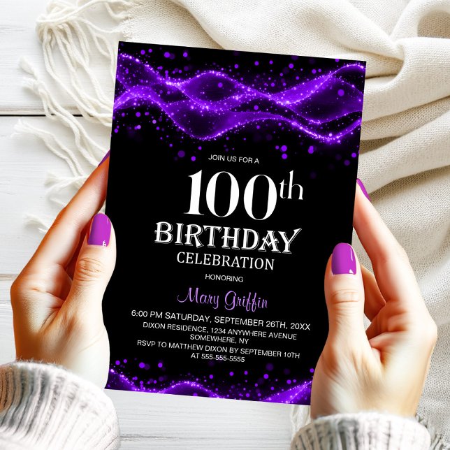 Modern svart och Lila 100:e Födelsedagsfesten Inbjudningar (Skapare uppladdad)
