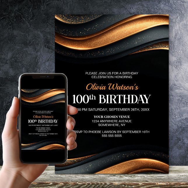 Modern svart och orange 100-årsfest inbjudningar (Skapare uppladdad)