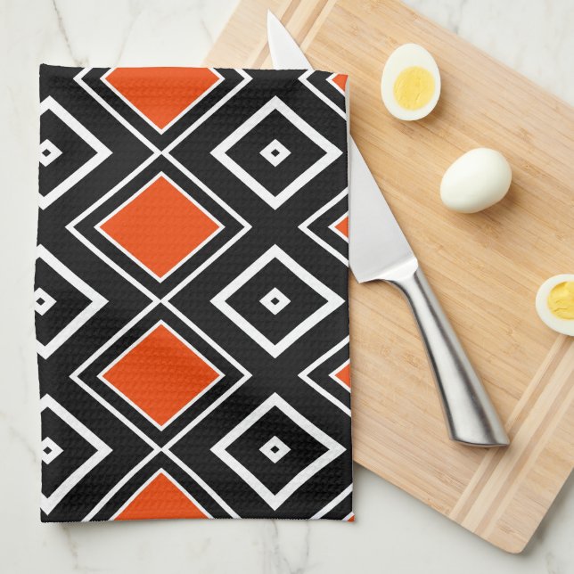 Modern svart och orange diamantmönster kökshandduk (Vikt i Fjärdedel)
