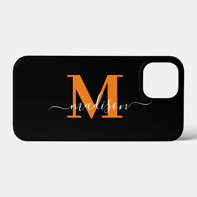 Modern svart och orange monogram Case-Mate iPhone  (Baksida (horisontell))