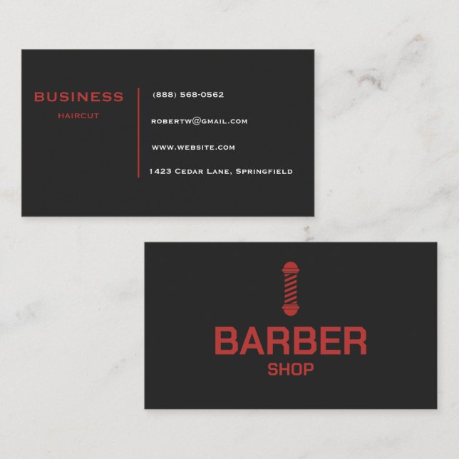 Modern svart och röd barberarstol herrfrisör visitkort (Fram/baksida)