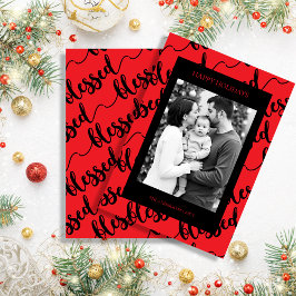 Modern svart och röd ”Blessed” script fotograferin Julkort