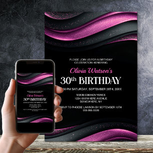 Modern svart och rosa 30-årsfest inbjudningar