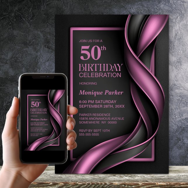 Modern Svart och Rosa 50-års Födelsedagsfest Inbjudningar (Skapare uppladdad)