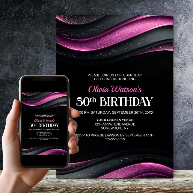 Modern svart och rosa 50-årsfest inbjudningar (Skapare uppladdad)