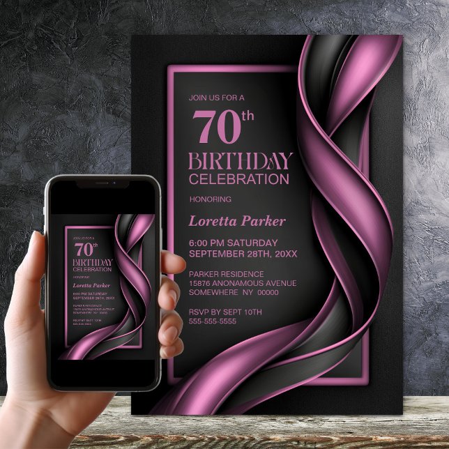Modern svart och rosa 70-årsfest inbjudningar (Skapare uppladdad)