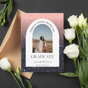 Modern svart och Rosa Glitter Arch Photo Studenten Inbjudningar