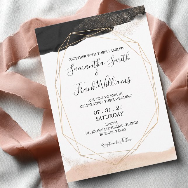 Modern svart och rosabränd bröllopsinbjudan inbjudningar (Black and Blush Pink Modern Wedding Invitation)