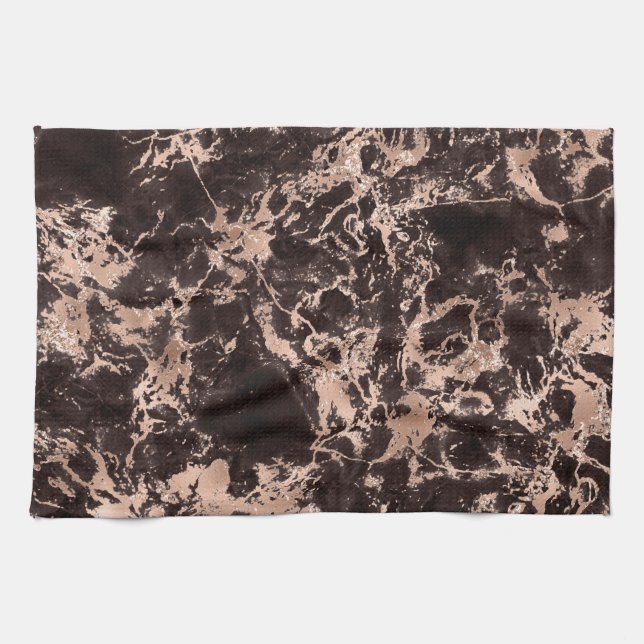 Modern svart och roséguld marmor mönster kökshandduk (Horisontell)