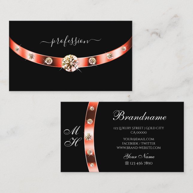 Modern svart och roséguld med monogramdiamanter visitkort (Fram/baksida)