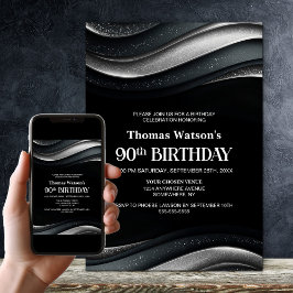 Modern svart och silver 90-årsfirande inbjudningar