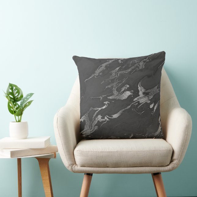 Modern svart och silver marmor mönster kudde (Stol)