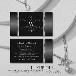 Modern svart och Silver ornament Monogram Visitkort