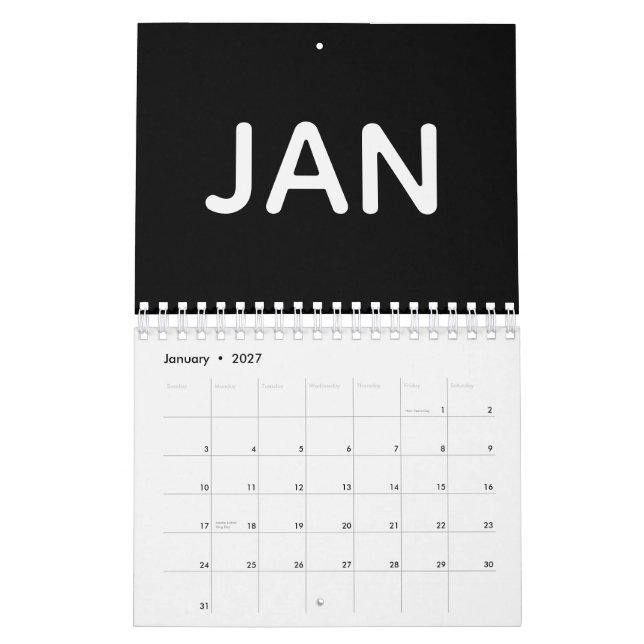Modern svart och vit 2026 kalender (Jan 2027)