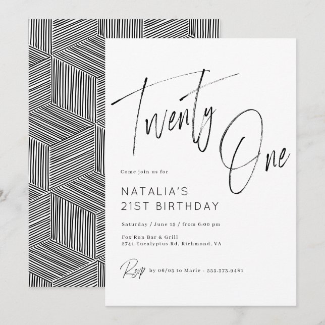 Modern svart och vit 21:a födelsedag med skript inbjudningar (Fram/baksida)