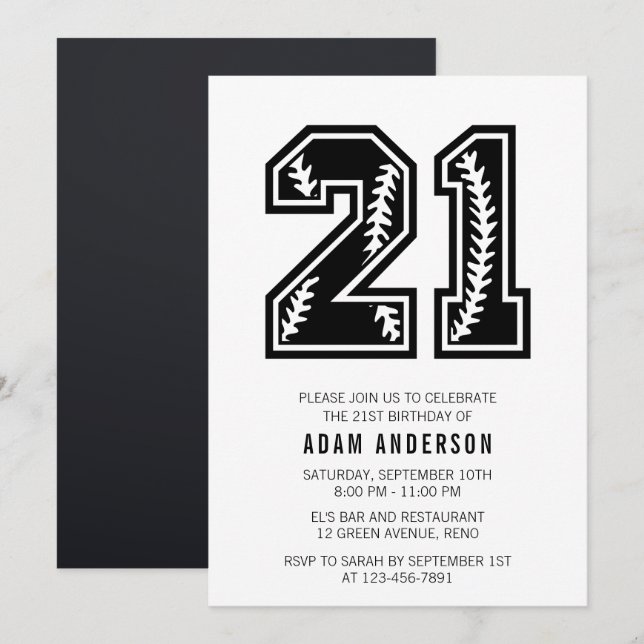 Modern svart och vit 21:a födelsedagen inbjudningar (Fram/baksida)