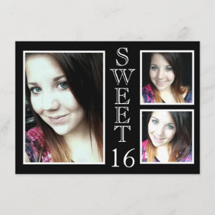 Modern svart och vit 3-foto Sweet 16 Inbjudningar