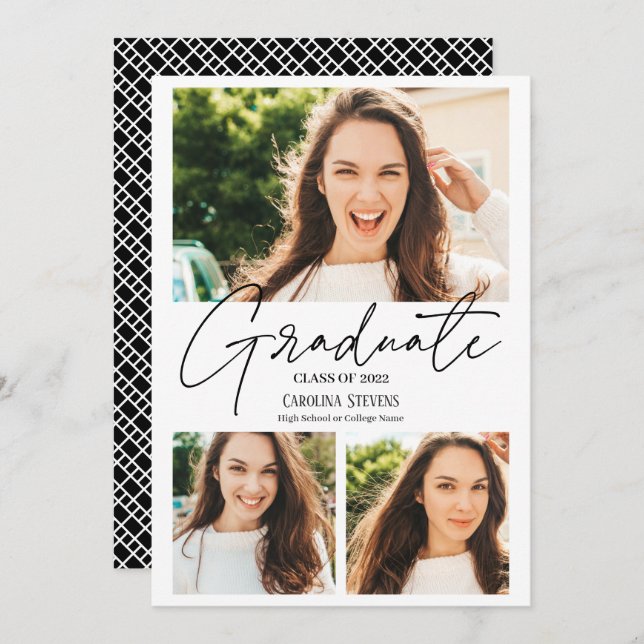 Modern svart och vit 3-fotokollage studenten meddelande (Fram/baksida)